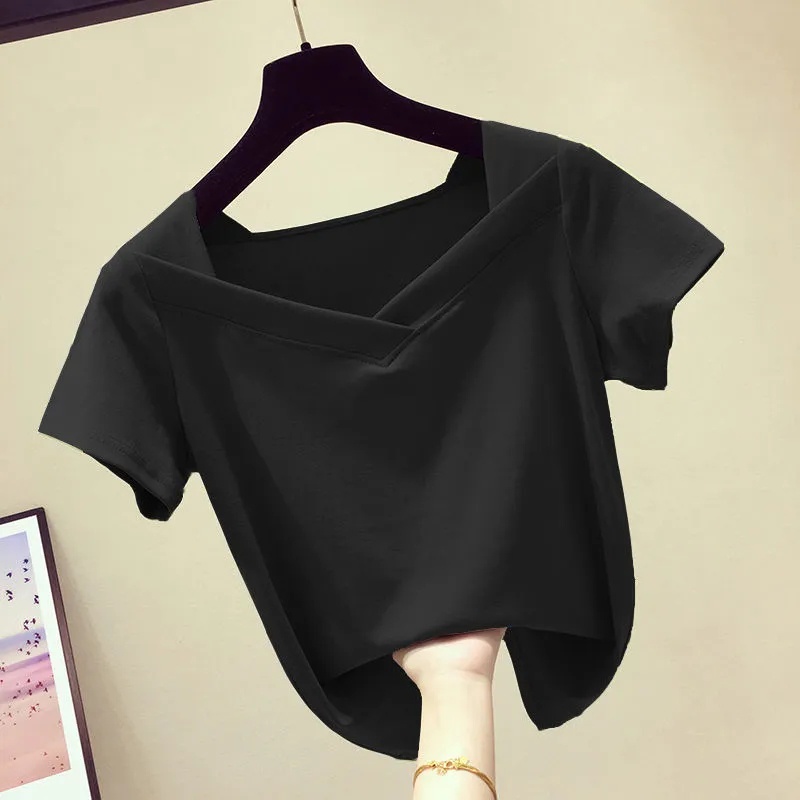 Áo Thun Cotton Tay Ngắn Cổ Chữ V Màu Sắc Trơn Phong Cách Hàn Quốc Dành Cho Nữ