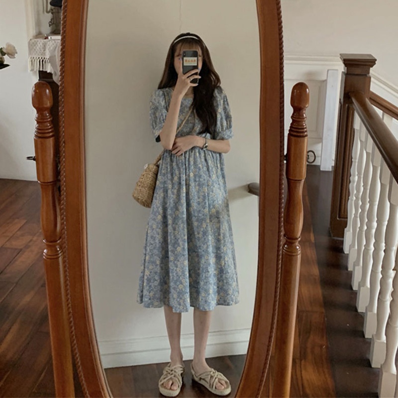 Váy đầm hoa nhí babydoll cổ tròn body dây thắt eo ulzzang tay ngắn vintage thiết kế đi du lịch biển