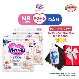 Combo 2 tã/bỉm dán merries size nb - 90 + 6 miếng