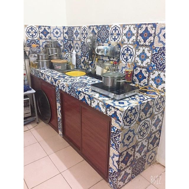 Decal gạch bông vintage, dán tường nhà tắm nhà bếp chống nước chống nhiệt sẵn keo - Mã C76