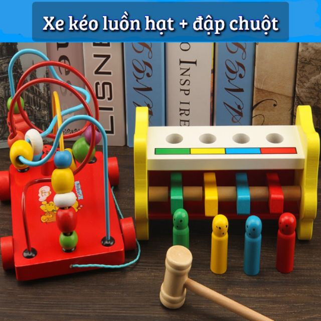Combo 2 món đồ chơi gỗ thông minh xe luồn hạt hình voi và đập chuột hình thỏ dành cho bé từ 2-4 tuổi