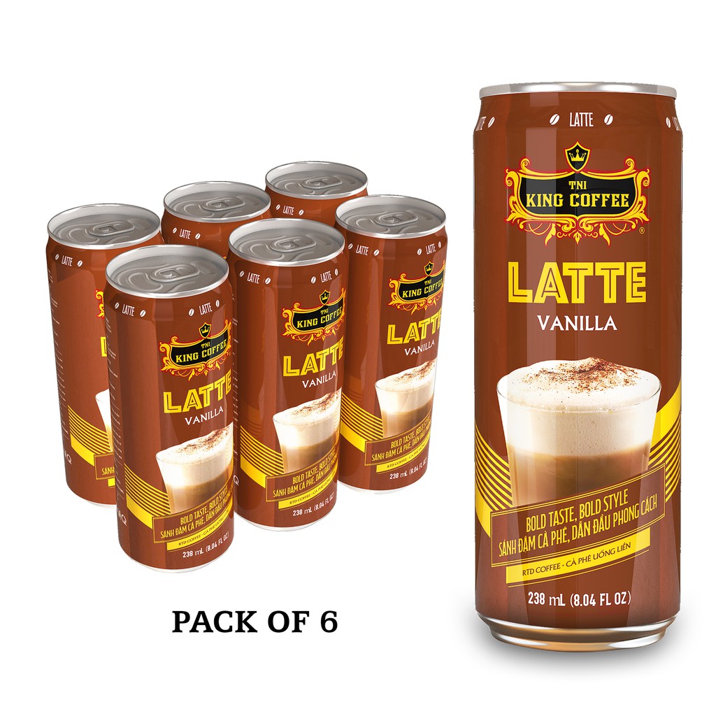 Combo 6 lon Cà Phê Latte Vanilla Uống Liền KING COFFEE - Lốc 6 lon - Hương vị thơm ngon