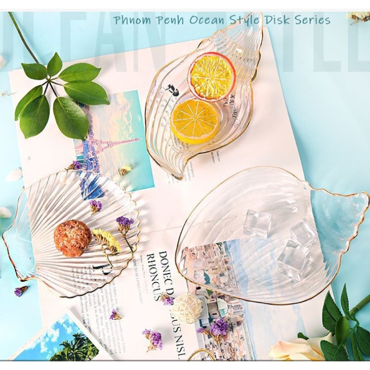 HÀNG ĐẸP_KHAY/DĨA THỦY TINH CAO CẤP trong suốt siêu đẹp. dĩa vỏ sò, ốc biển độc đáo