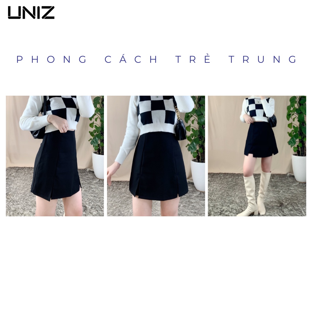 Quần Giả Váy Xẻ 2 Bên 308 UNIZ (Màu Đen), Dáng Ngắn, Cạp Cao, Form Chữ A, Vải Tuyết Mưa, Không Lộ