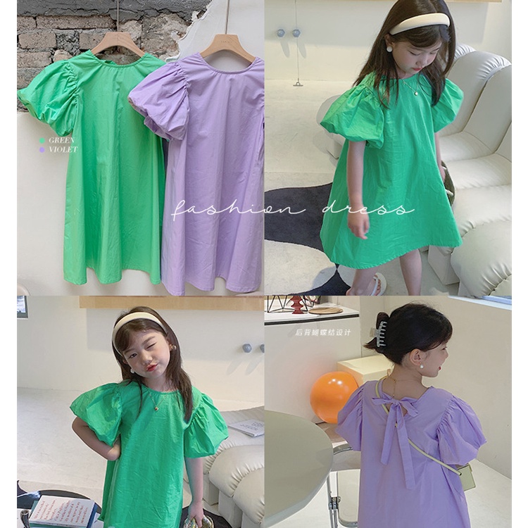 Đầm Tay Ngắn Phồng Thắt Nơ Sau Lưng Cho Bé Gái