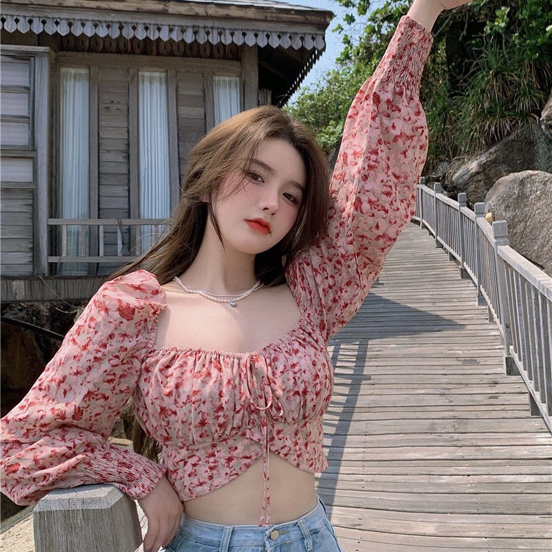 COZOK Áo Voan Hoa Tay Phồng Cổ Vuông Xinh Xắn Dành Cho Nữ