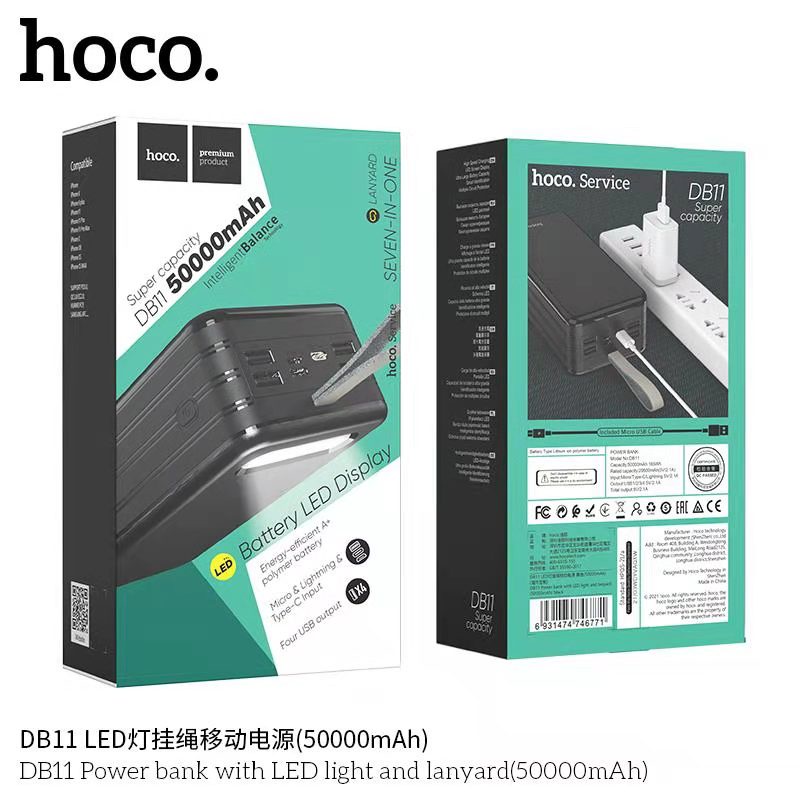 Pin dự phòng HOCO DB11 50000mAh kèm 4 cổng sạc, màn hình LED, đèn pin siêu sáng