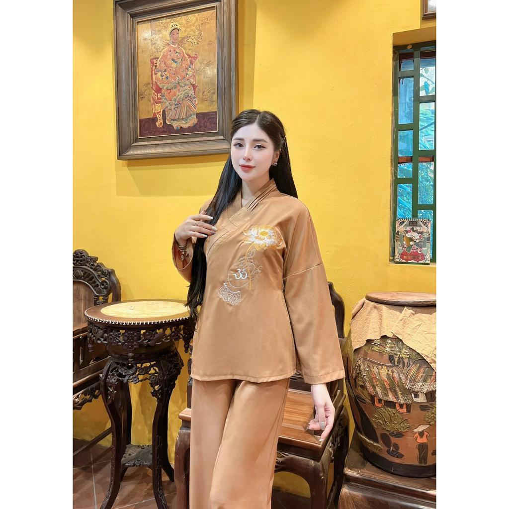 Áo tràng phật tử vạt chéo thêu hoa sen Bộ phật tử thêu hoa Đồ lam đi chùa nữ cổ V lụa mềm mịn, thanh lịch