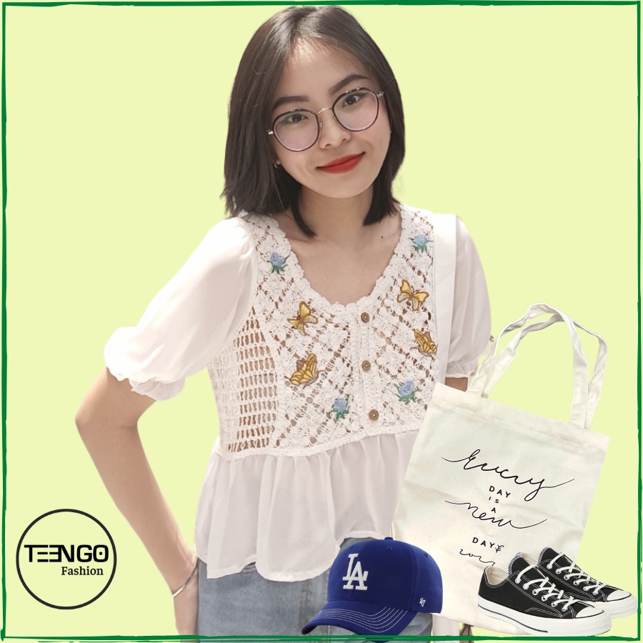 REN NGẮN DẠNG CROPTOP phong cách bohochic xinh xắn thêu hoa vintage ngắn tay vải voan công chúa