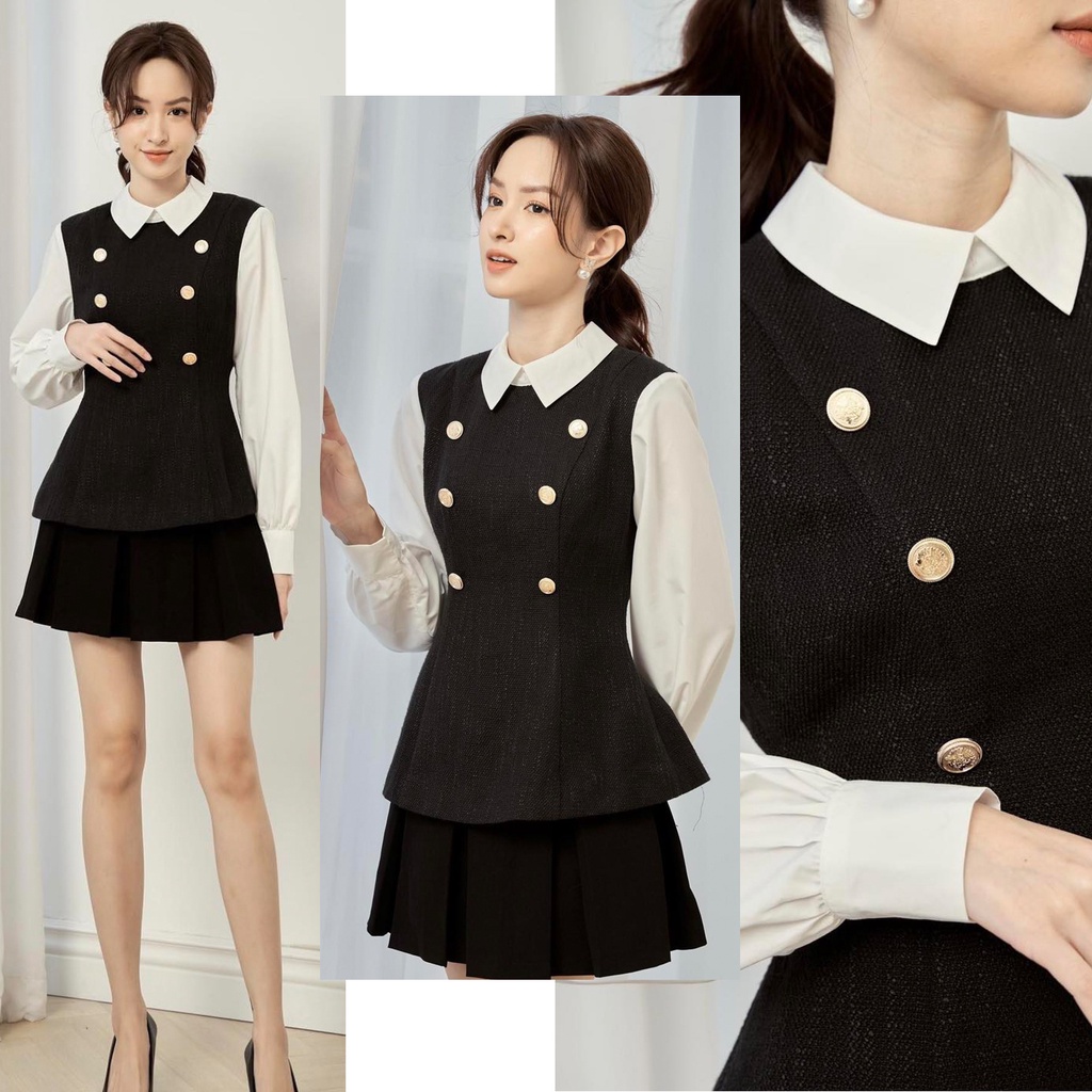 Áo dạ tweed dáng peplum phối tay trắng