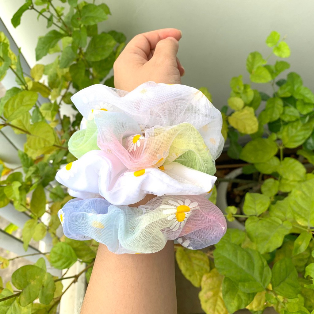 Cột tóc scrunchies voan lưới hoa cúc 2 lớp