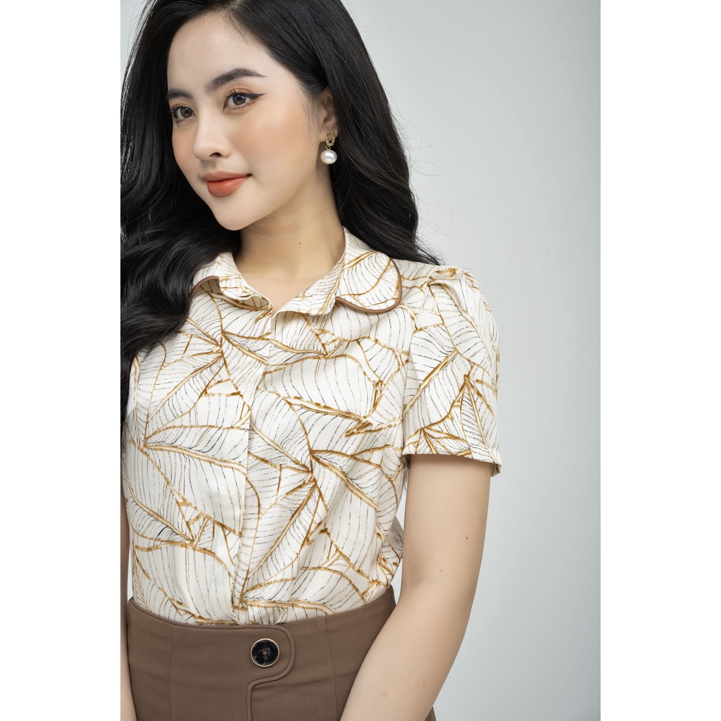 Áo sơ mi nữ dáng croptop Fiona, Sơ mi công sở thiết kế cổ đức tròn giấu khuy F552169