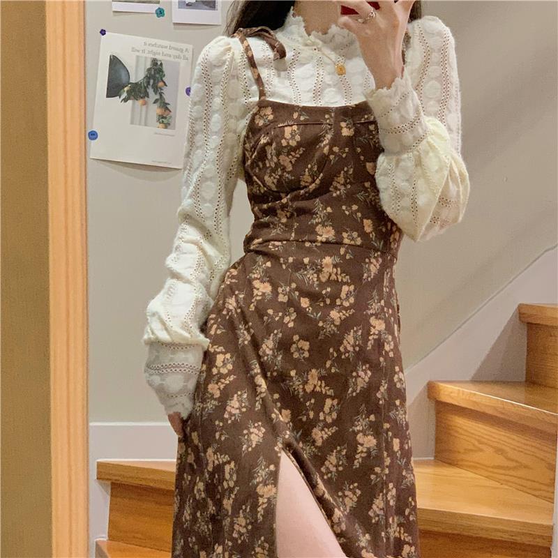 Set đầm hai dây phối ren hoa và áo lót cỡ lớn thời trang mùa thu mới cho nữ