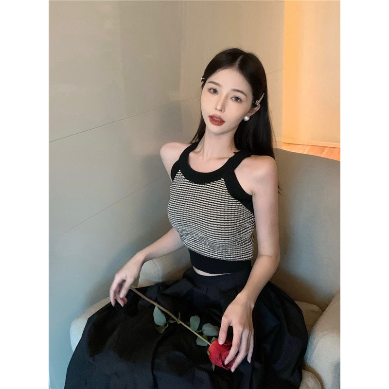 Áo Dệt Kim Hai Dây Dáng Ngắn Màu Sắc Tương Phản Phong Cách retro Hàn Quốc Thời Trang Cho Nữ