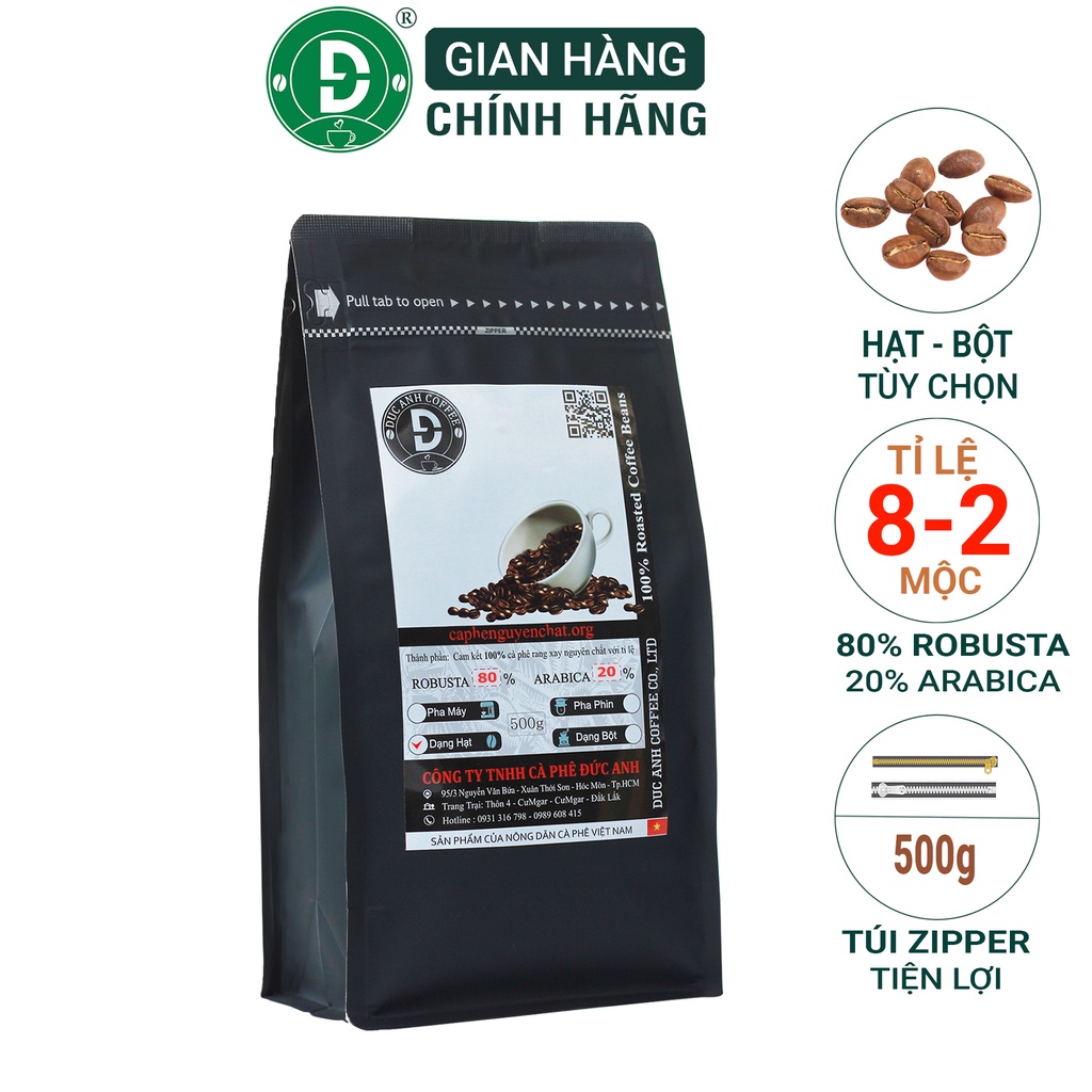 500g Cà Phê Nguyên Chất D82 (80% Robusta+20% Arabica) Rang Mộc Pha Phin, Pha Máy Tỉ Lệ 8-2 Từ Công Ty Cà Phê Đức Anh