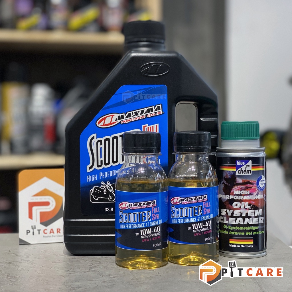 Combo Nhớt Xe Tay Ga Maxima Scooter Full Syn 10W40 Có Chiết Lẻ Và Dung Dịch Súc Rửa Động Cơ Bluechem 50ml