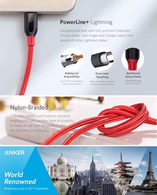 Cáp Lightning bện Nylon ANKER Powerline+ (Có kèm bao da), dài 1.8m - A8122