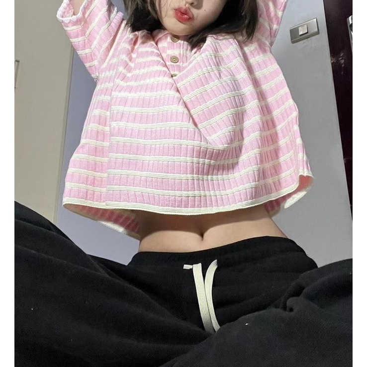 Áo kiểu polo NZN dệt kim tay ngắn dáng rộng họa tiết kẻ sọc thời trang mùa hè đơn giản dành cho nữ