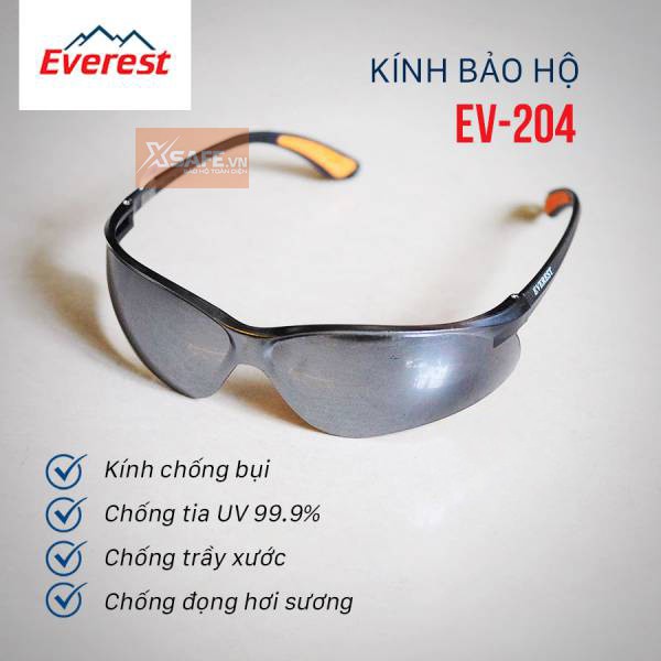 Kính bảo hộ Everest EV204 Kính chống tia UV, chống bụi đọng sương bảo vệ mắt khi đi xe, lao động, tròng đen tráng bạc