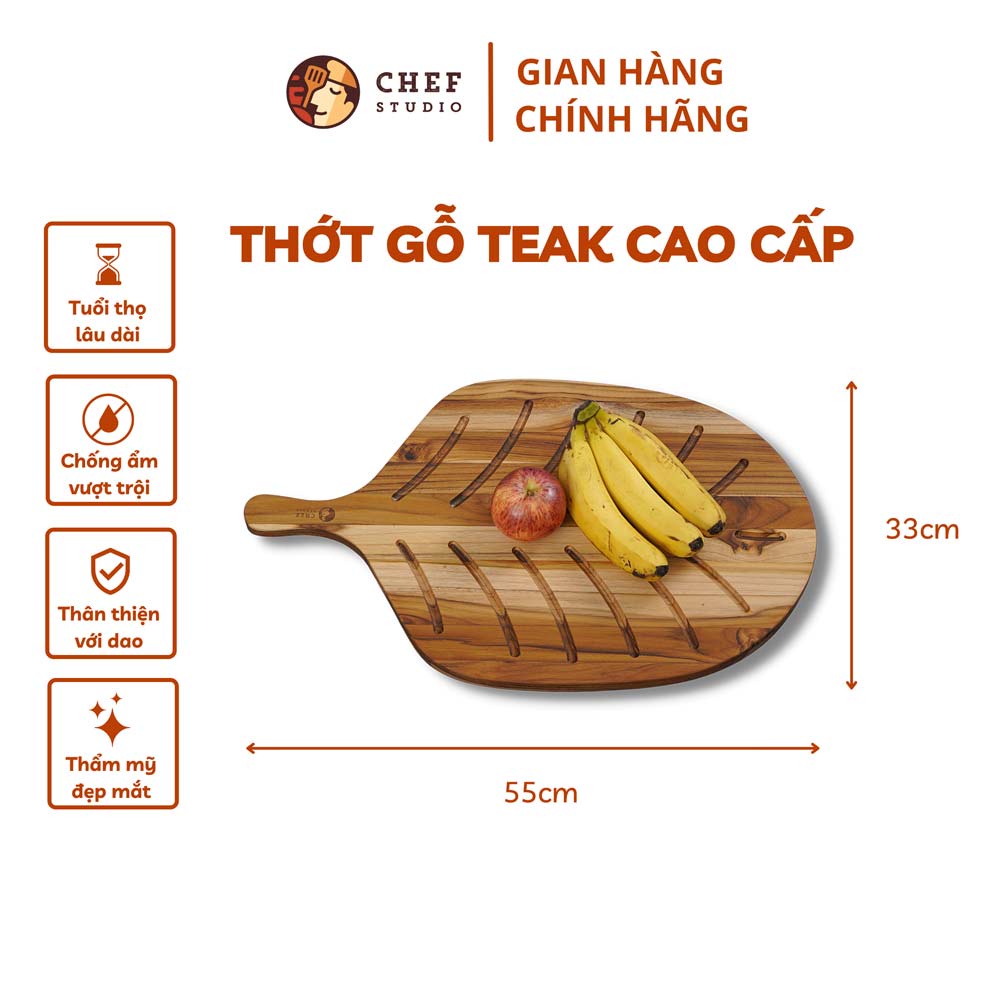 Thớt gỗ Teak Chef Studio cao cấp hình chiếc lá, kích thước 55x35x1.9 cm, dùng cho cắt thái và trang trí