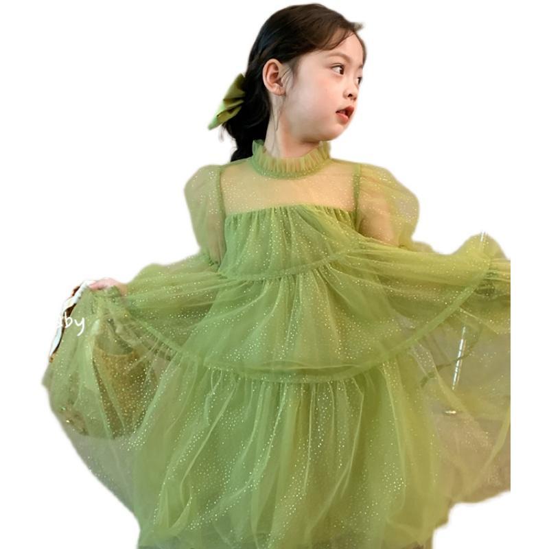 Đầm Công Chúa Tay Phồng Phối Ren Lưới Màu Xanh Lá Phong Cách Hàn Quốc Thời Trang Xuân Thu Cho Bé Gái