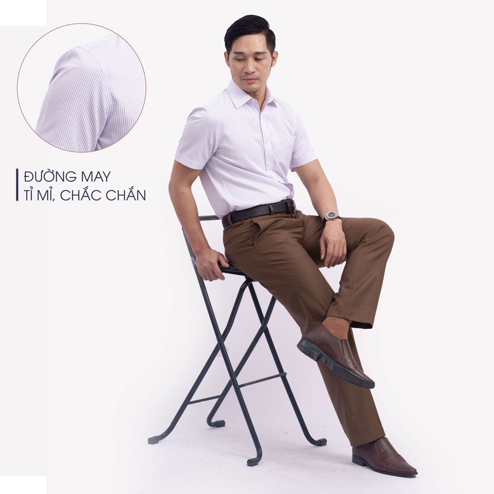Áo Sơ Mi Nam Ngắn Tay Trung Niên ANCHI Hoạ Tiết Trắng Sọc Tím Vải Sợi Tre Cao Cấp
