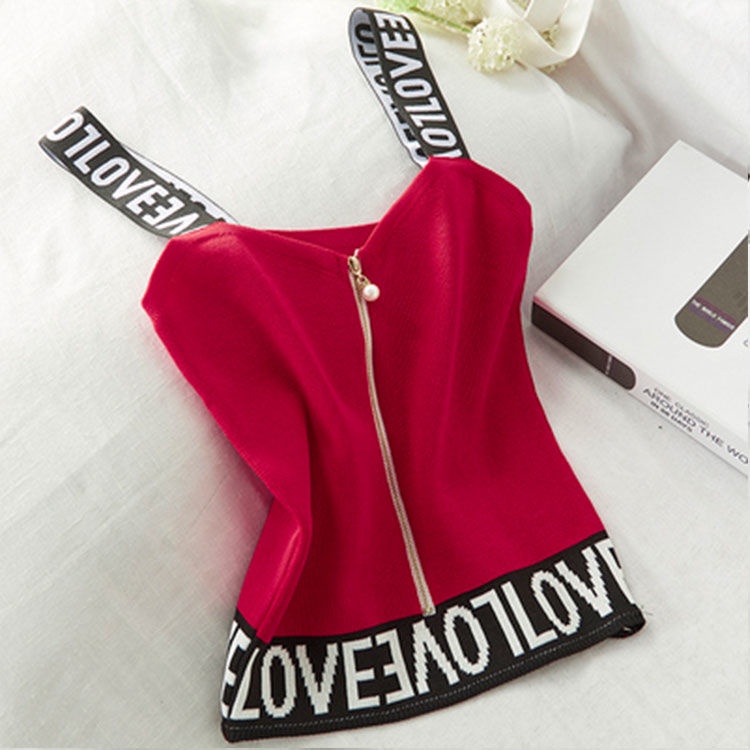 Áo Tank Top Dệt Kim Ôm Dáng Phối Khóa Kéo Đính Ngọc Trai Gợi Cảm Cho Nữ