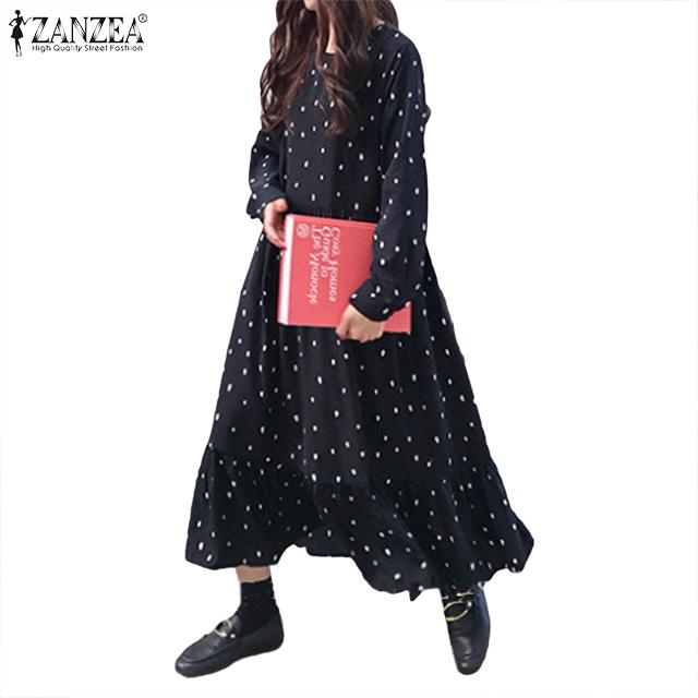 Đầm maxi tay dài ZANZEA họa tiết chấm bi phong cách thời trang cho phái nữ