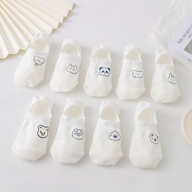 Một Đôi Tất Hài Nữ Màu Trắng Họa Tiết Dễ Thương Hàn Quốc Có Đệm Gót Silicon