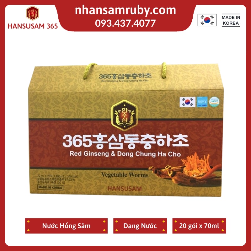 Nước hồng sâm đông trùng hạ thảo 365Hansusam hàn quốc,20 gói x 70ml, Mẫu mới Hộp Vàng Tươi