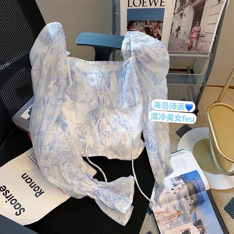 Áo Sơ Mi Chiffon Cổ Vuông Tay Phồng In Họa Tiết Hoa Chanel Phong Cách Pháp Thời Trang Mùa Xuân 2022