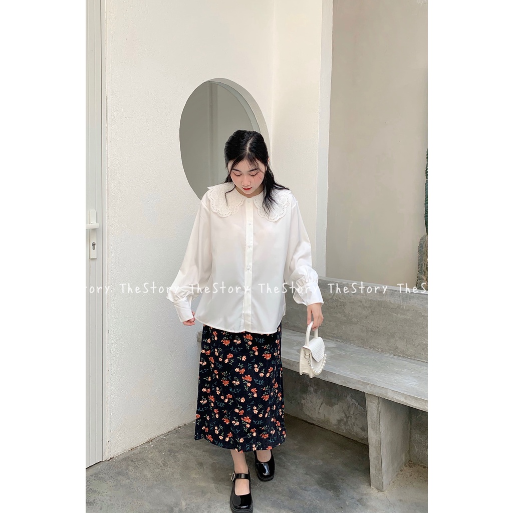 [STR] Áo sơ mi cổ bèo đục hoa, hàng nút trắng A2370