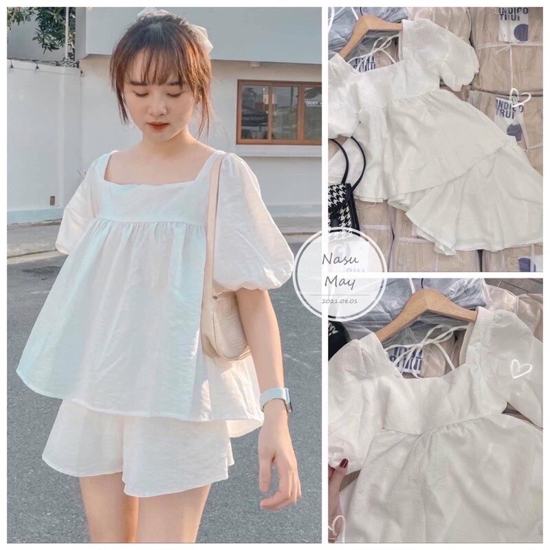 Set Đũi Babydoll Tiểu Thư Ulzzang🦋 BỘ Áo Trắng Kèm Quần Short Nữ Buộc Nơ Dây Sau🦋