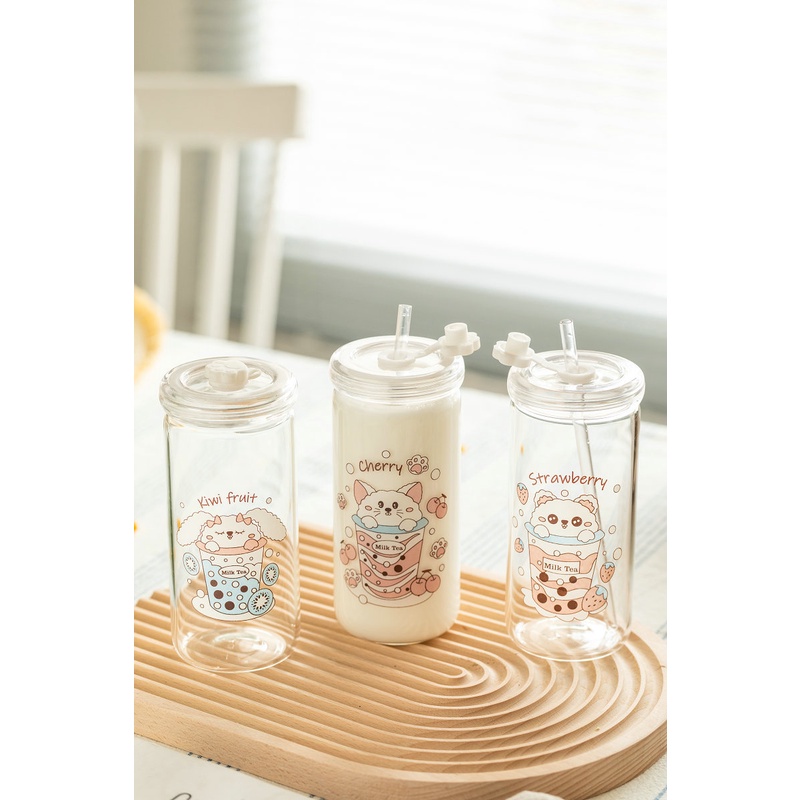 Bình thủy tinh có ống hút Milk Tea dễ thương 400ml