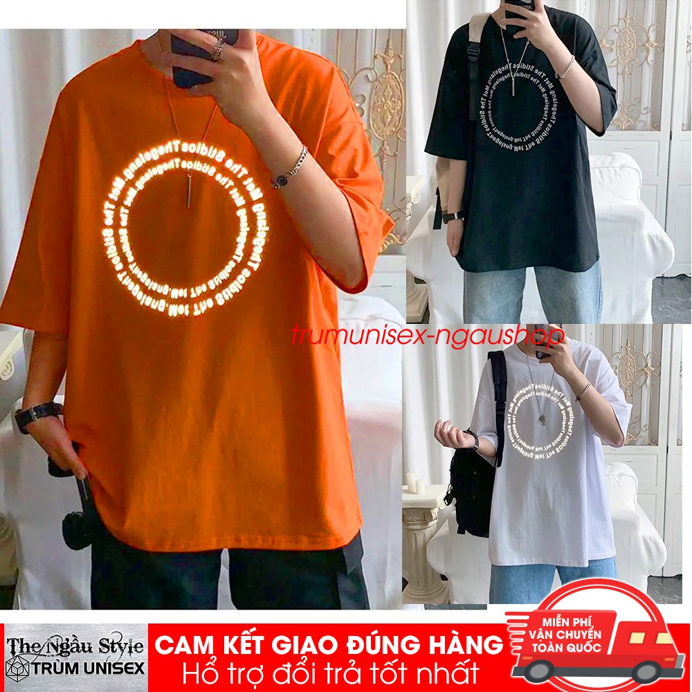 Áo thun Phản quang Stee nam tay lỡ unisex form rộng In phản quang Chữ Vòng Tròn chất vải cotton 100%