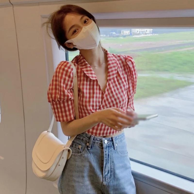 Áo Croptop Tay Ngắn Cổ Chữ V Họa Tiết Sọc Caro Phong Cách Hàn Quốc | BigBuy360 - bigbuy360.vn