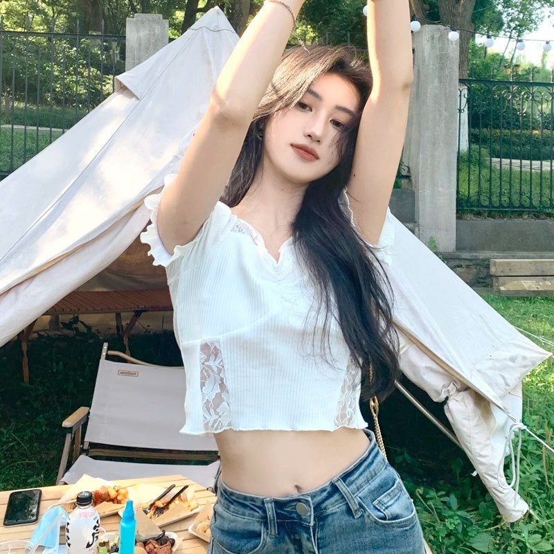 【ZHELIHANGFEI】 / Niche Áo Ngắn Tay Cổ Vuông Eo Cao Hở Rốn Màu Tím Ngọt Ngào Mùa Hè