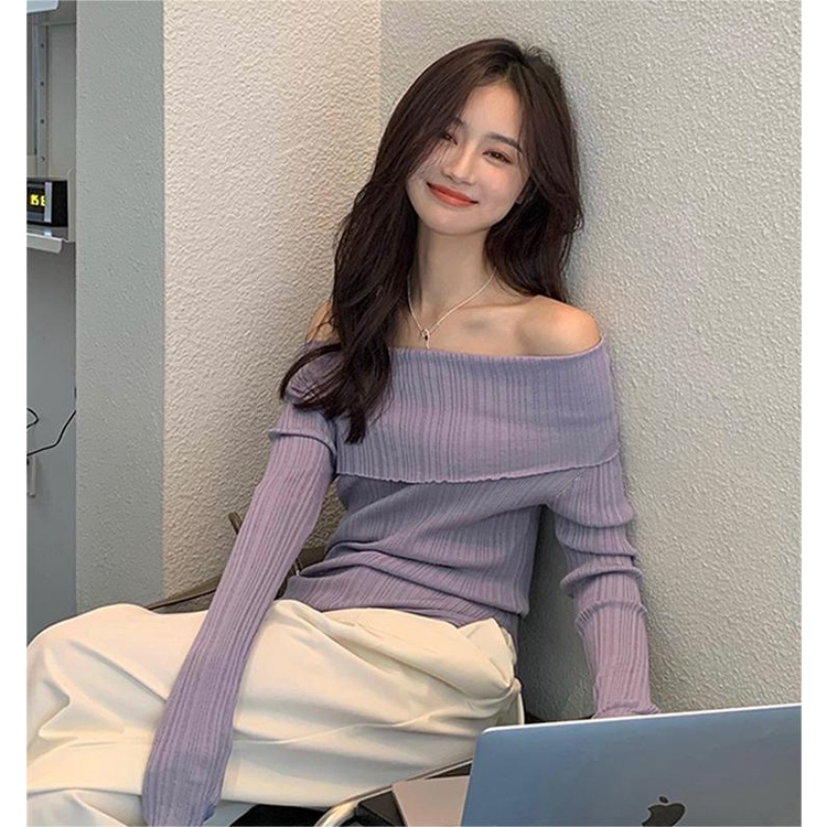 Áo dệt kim ZHELIHANGFEI trễ vai tay dài cổ cao gợi cảm