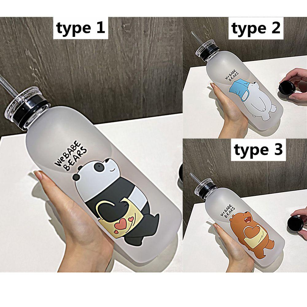 Bình Nước Nhựa Trong Suốt 1000ML Kèm Ống Hút In Hoạ Tiết Hoạt Hình Xinh Xắn