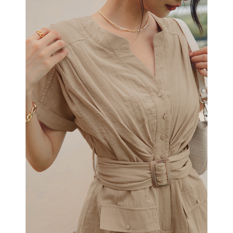 Jumpsuit cổ V xếp ly kèm belt nữ Air Space 2121828008