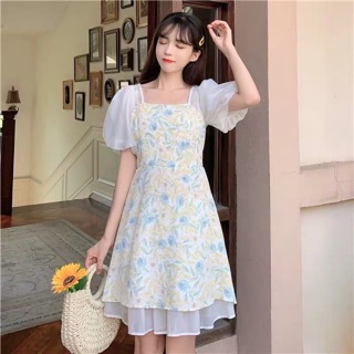 [Sẵn/Có hình thật] Váy voan công chúa tay bồng mặc được hai kiểu. Váy hoa cổ vuông lolita chụp kỉ yếu