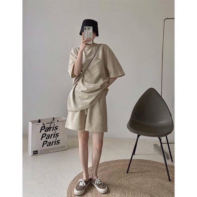 Set Quần Áo Tay Lỡ Màu Be Thêu Hình Cún Ngực Phong Cách Vintage Hàn Quốc Ulzzang Unisex PHULA | BigBuy360 - bigbuy360.vn