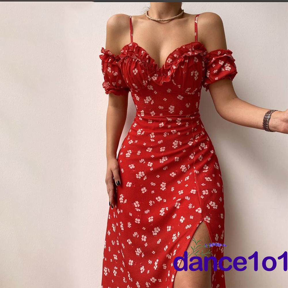 Đầm Hoa Hai Dây Cổ Chữ V Xẻ Tà Thời Trang Cho Nữ