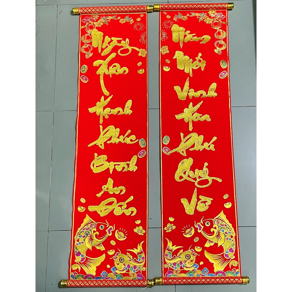1 đôi câu đối đỏ, liễng trang trí tết in chữ Việt Nam làm từ vải nhung in màu 3D đẹp