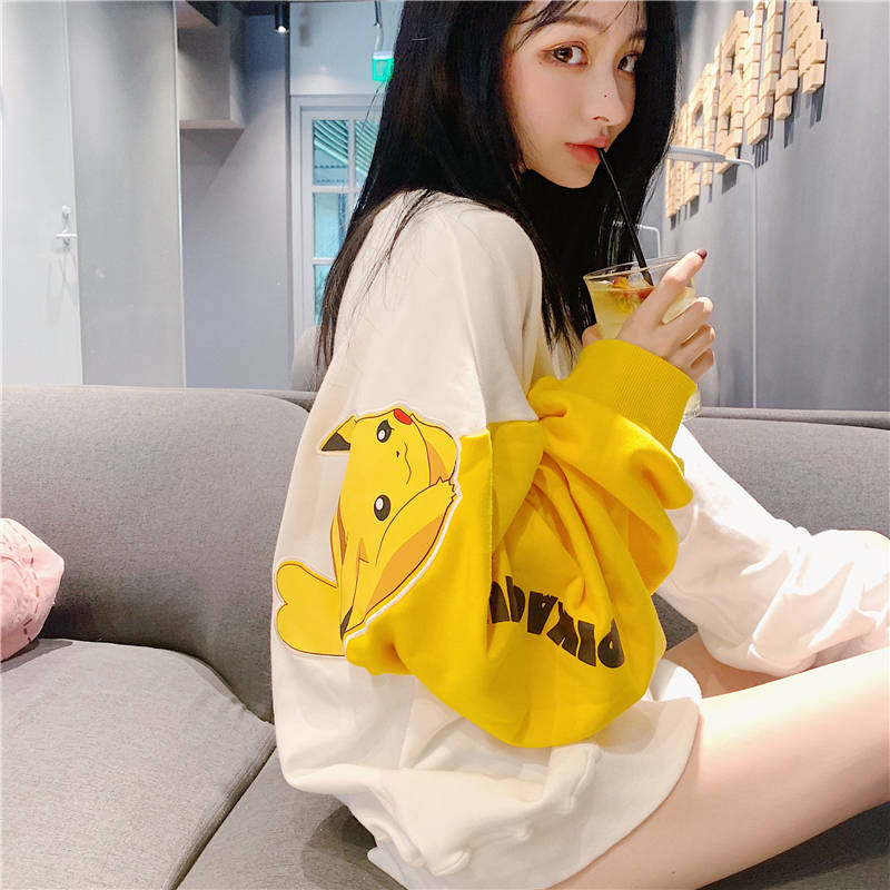 Pokemon pikachu print long sleeve Sweatshirts INS Korean style loose women casual clothes