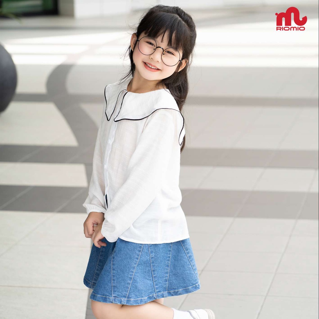 Áo sơ mi cho bé gái 5-12 tuổi size 20-50kg RIOMIO dài tay cổ bèo đồng phục đi học đi chơi chất đũi mềm mát - RA283