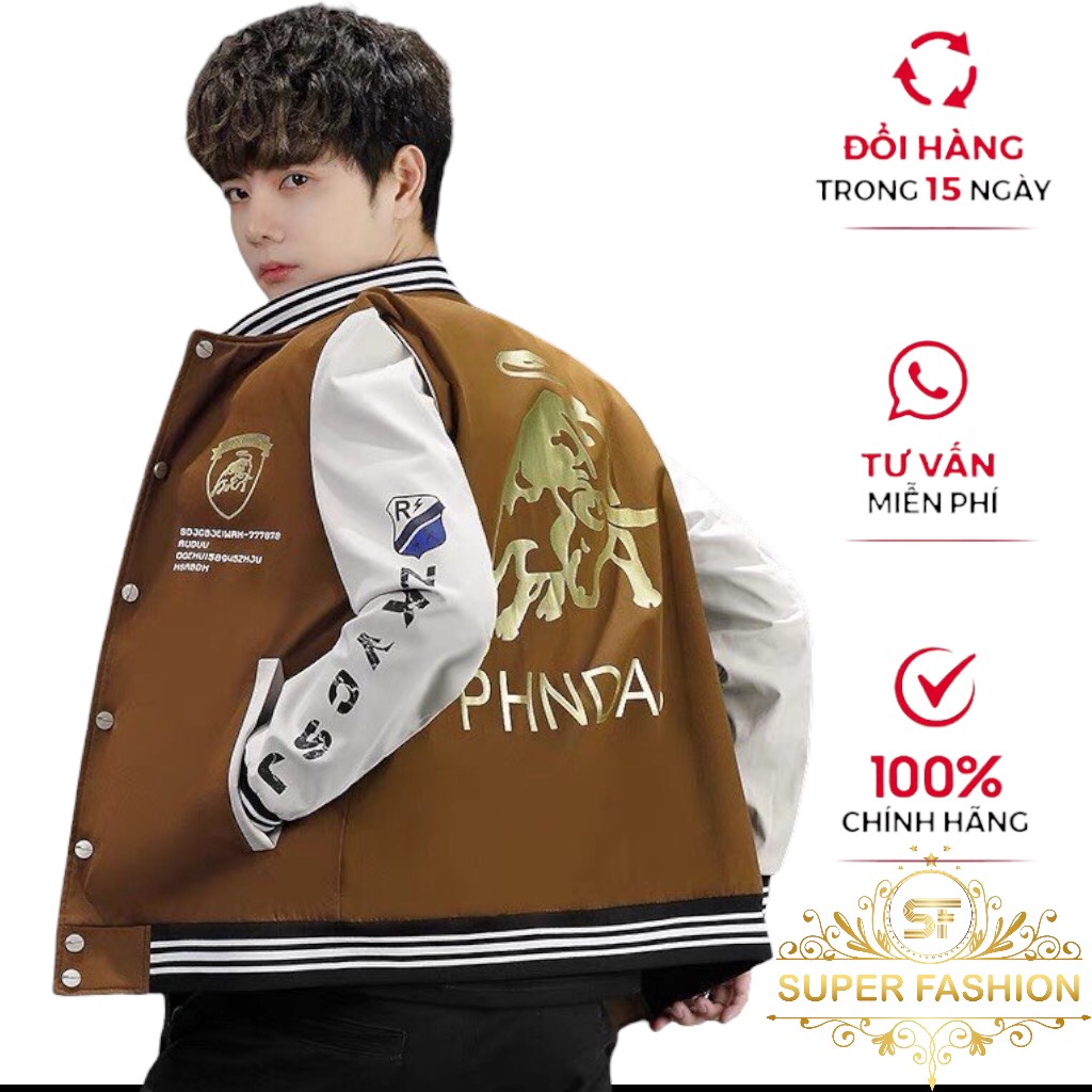 Áo Khoác Dù Bomber Nam Phối Chữ Cùng Họa Tiết Com Trâu Phối Viền Cổ Thời Trang Super Fashion