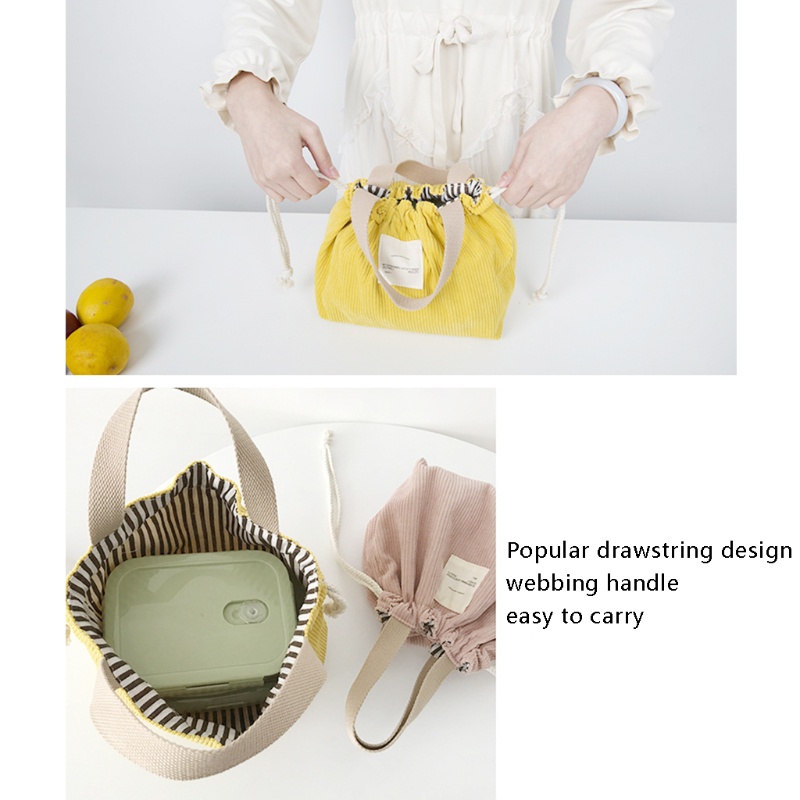 Túi Đựng Hộp Cơm Trưa Bằng Vải Nhung Kẻ Màu Trơn Có Dây Rút Tiện Dụng Mang Theo Du Lịch Dã Ngoại