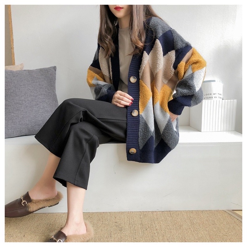 Áo khoác len nữ cardigan họa tiết caro phối màu dáng rộng Ullzang