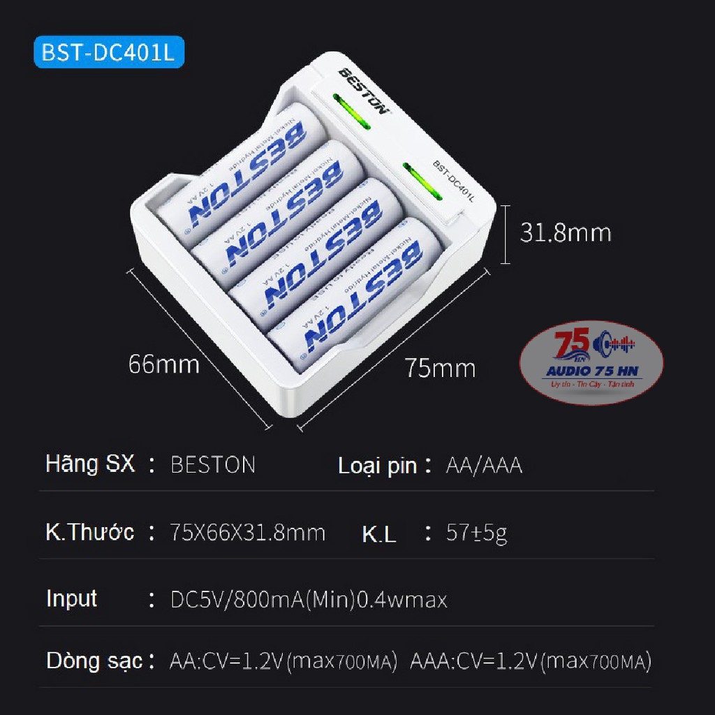 Bộ sạc pin AA/AAA Beston DC401L tự ngắt hàng chính hãng - Có bán kèm pin Beston AA 1200mAh, 3000mAh, 3300mAh